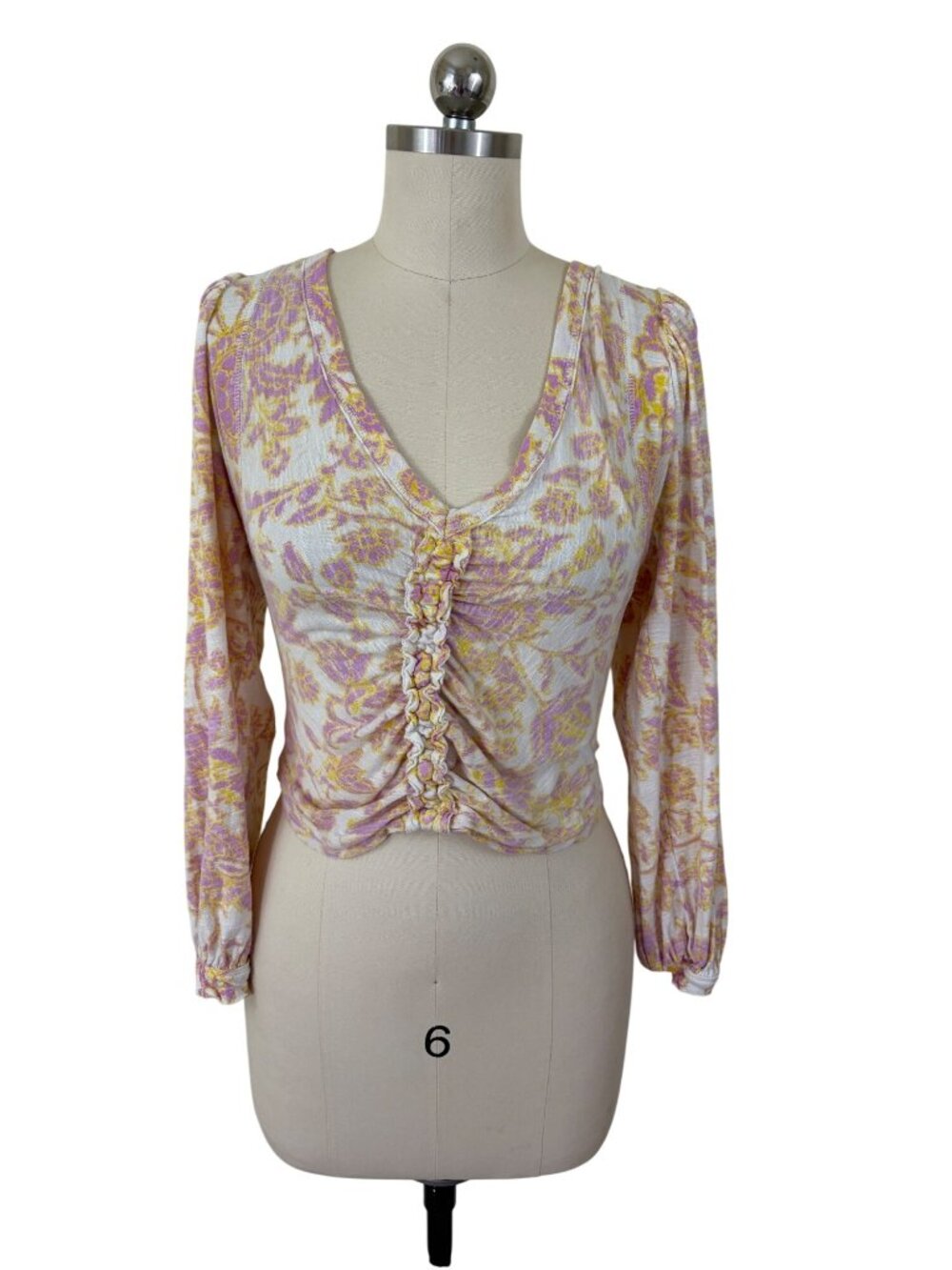 Free People Ruched Top Womens Small V-Neck Yellow Pink Floral Cottage Boho Indie